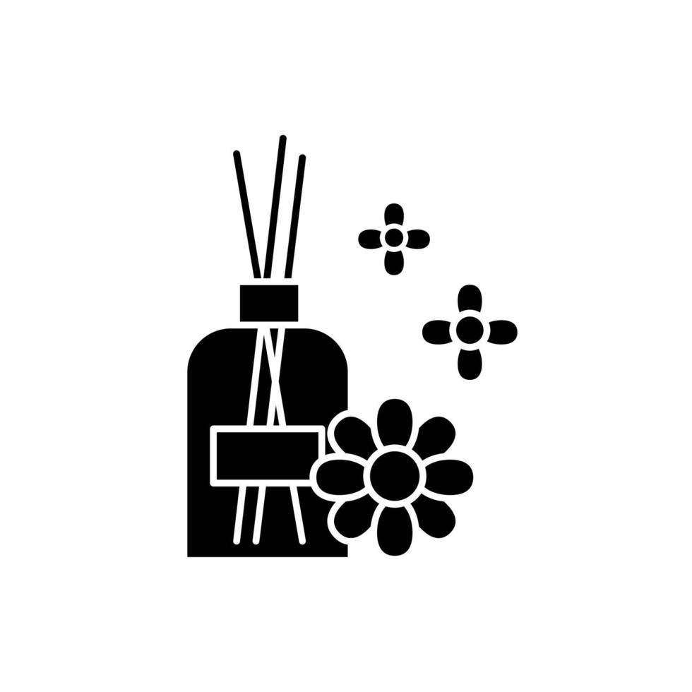 Aromatherapie-Glyphe-Symbol. Duftstäbchen. Blumenerfrischer für die Luft. Produkt für Ruhe und Entspannung. weibliche Selbstfürsorge. essentielle Öle. Silhouettensymbol. negativer Raum. vektor isolierte illustration