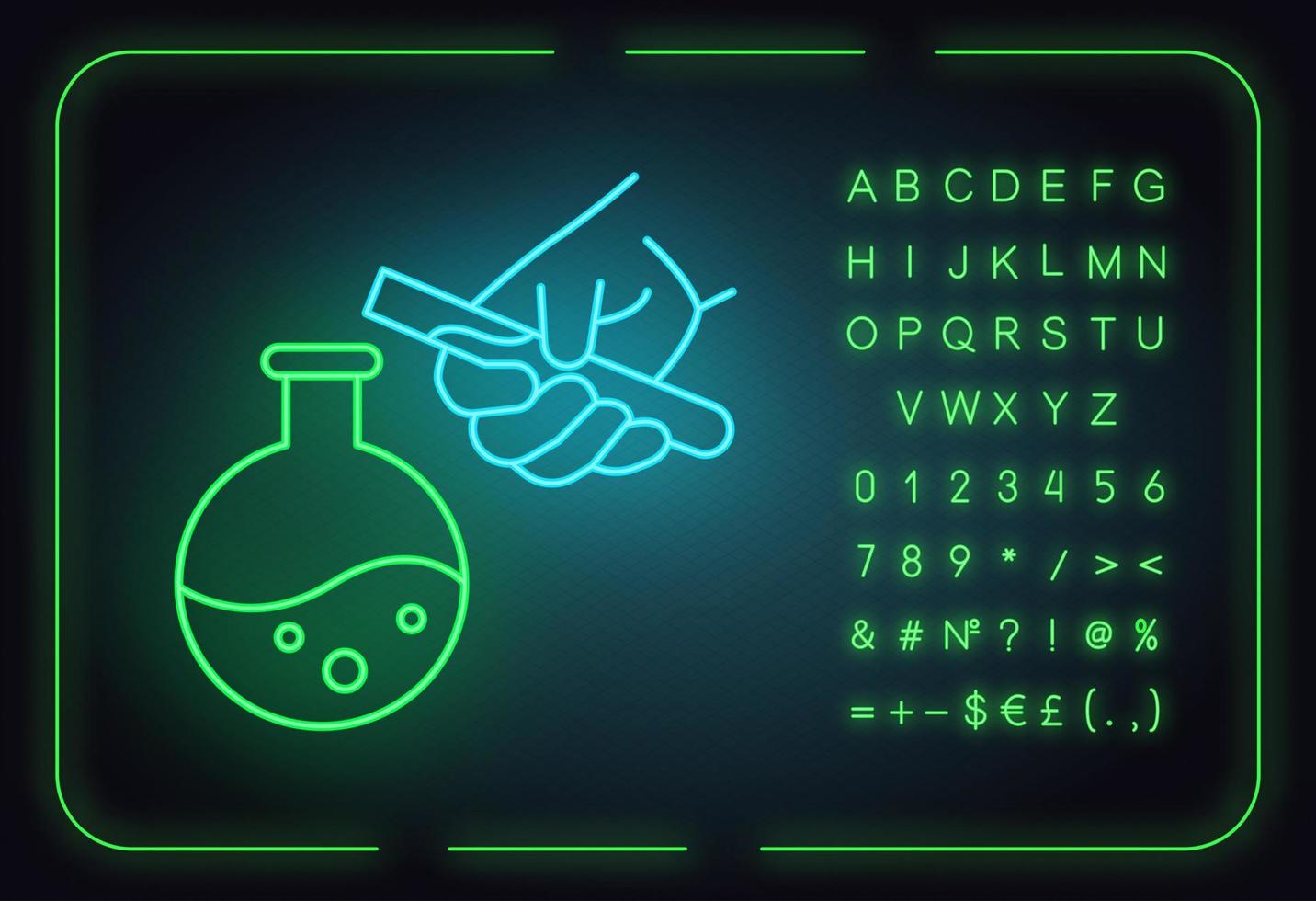 Symbol für Neonlicht mit Flüssigkeitsflasche und Reagenzglas. organische Chemie. Experiment durchführen. Mischen von Chemikalien. wissenschaftliche Forschung. leuchtendes zeichen mit alphabet, symbolen. vektor isolierte illustration