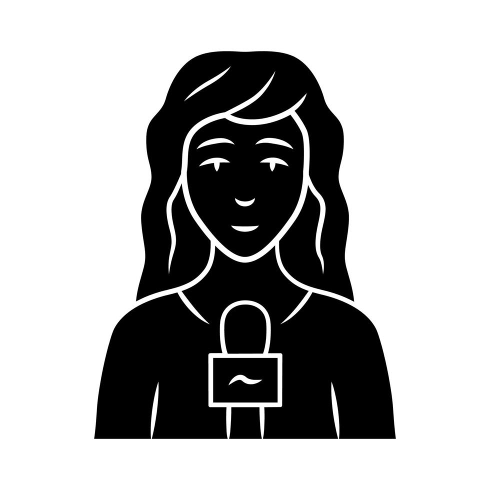 Reporter-Frauen-Glyphe-Symbol. fernsehmoderator, interviewer mit mikrofon. Journalistin, die ein Interview führt. nachrichtenfrau, die nachrichten meldet. Silhouettensymbol. negativer Raum. vektor isolierte illustration