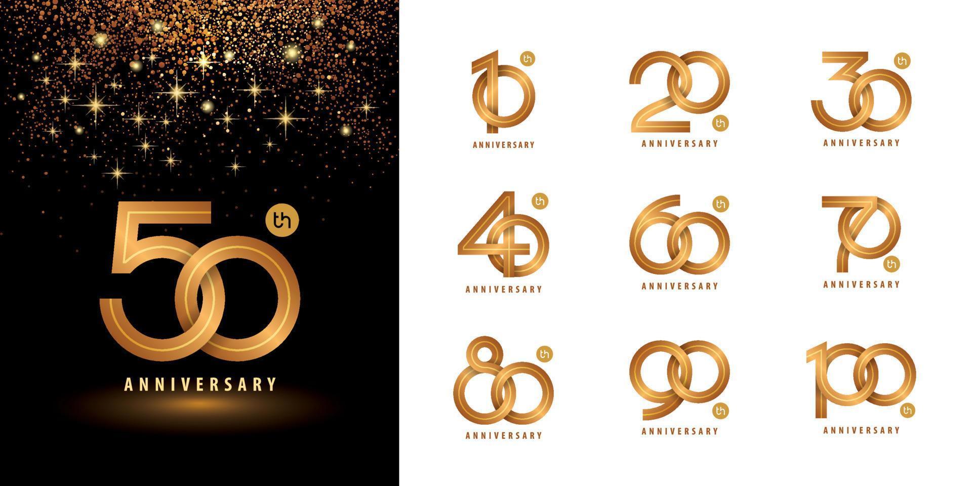 uppsättning årsdagen logotyp design, sammankopplande cirkel nummer logotyp vektor. firar årsdagen logotyp flera rader gyllene för firande. vektor