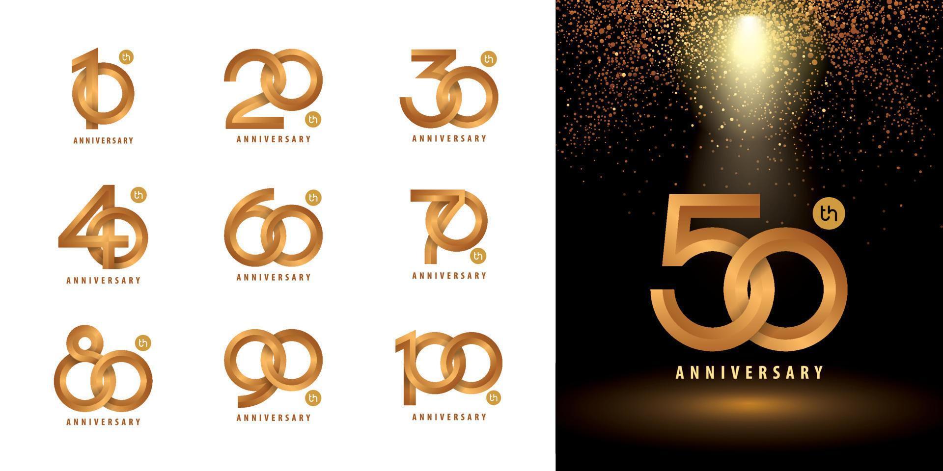 satz von 10 bis 100 jubiläumslogodesign, feiert jubiläumslogo mehrzeilig golden zum feiern. Logo-Vektor mit ineinandergreifender Kreisnummer. vektor