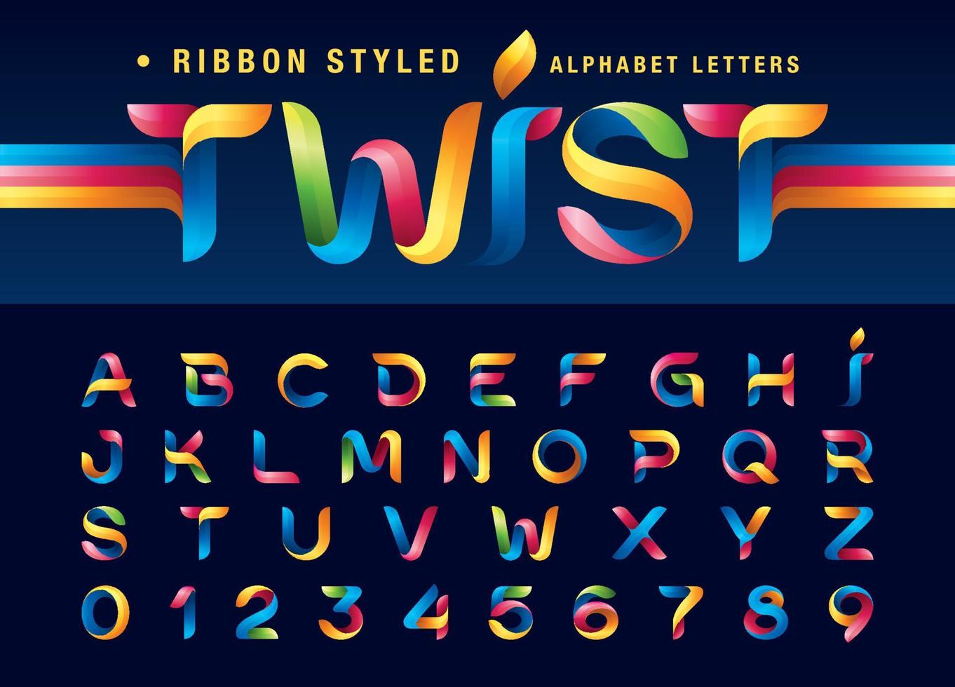 färgglada twist band alfabet bokstäver och siffror, modern origami stiliserade rundade bokstäver vektor