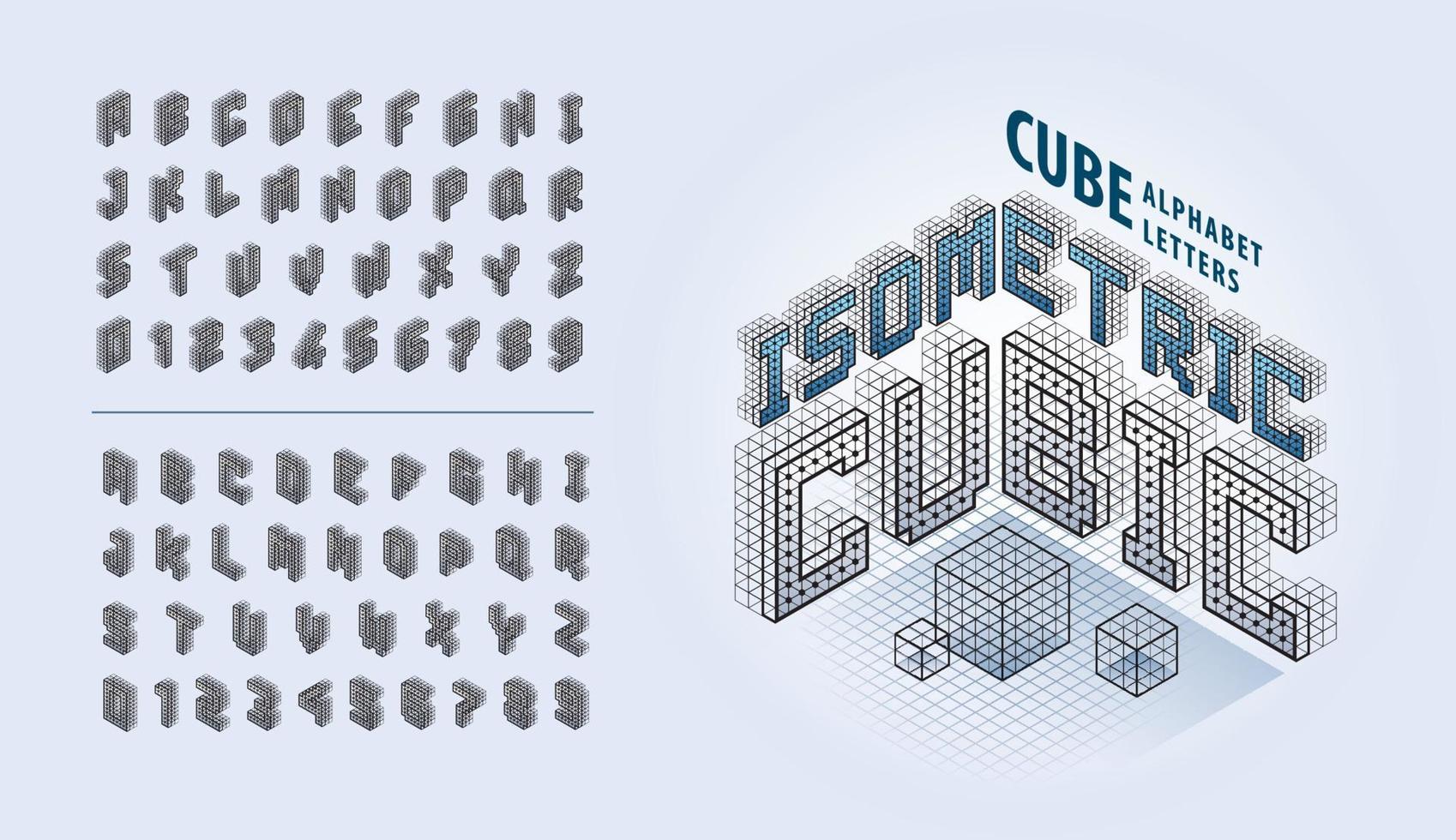 Vektor von Buchstaben und Zahlen des Würfelalphabets, abstrakte isometrische 3D-Pixel stilisierte Schriftarten