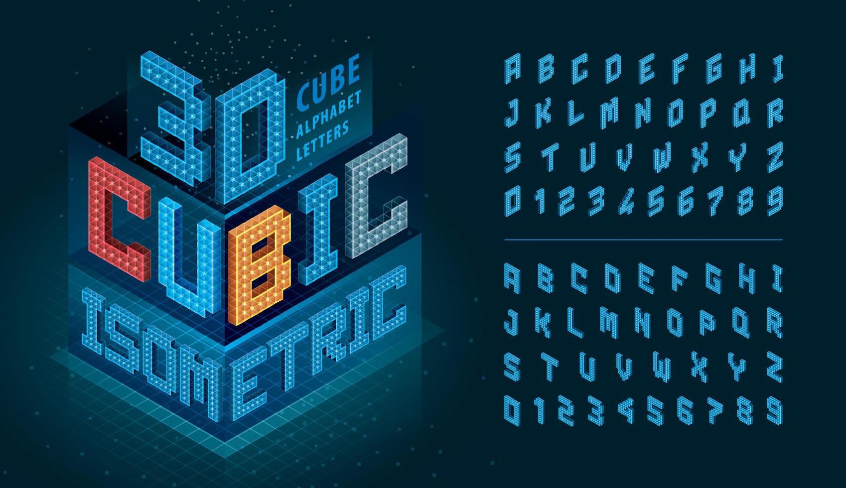 Vektor von Buchstaben und Zahlen des Würfelalphabets, abstrakte isometrische 3D-Pixel stilisierte Schriftarten