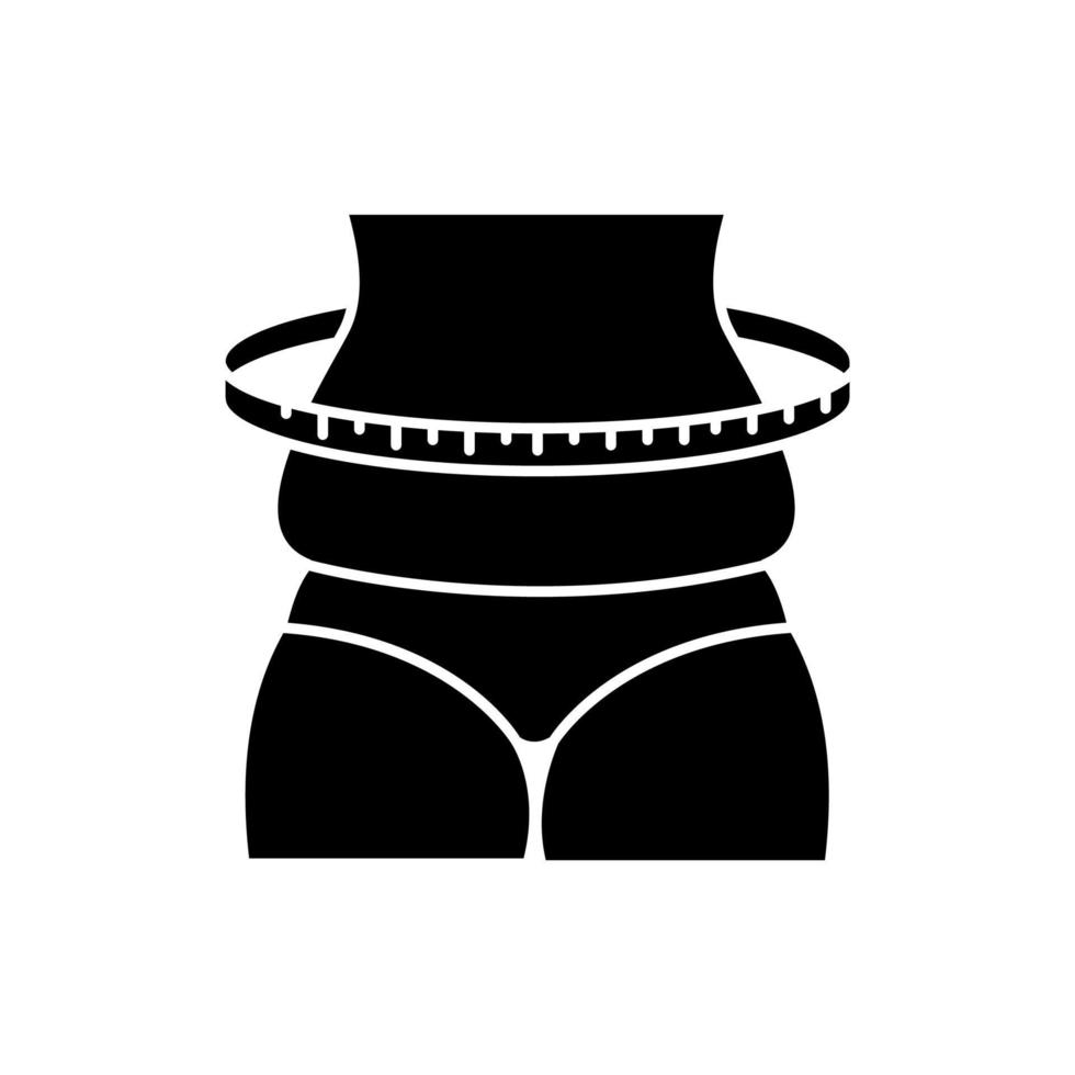 Gewichtsänderungs-Glyphe-Symbol. Übergewichtiger weiblicher Körper. Cellulite im Bauchbereich und an den Oberschenkeln. zunehmen. Symptom des prädmenstruellen Syndroms. Silhouettensymbol. negativer Raum. vektor isolierte illustration