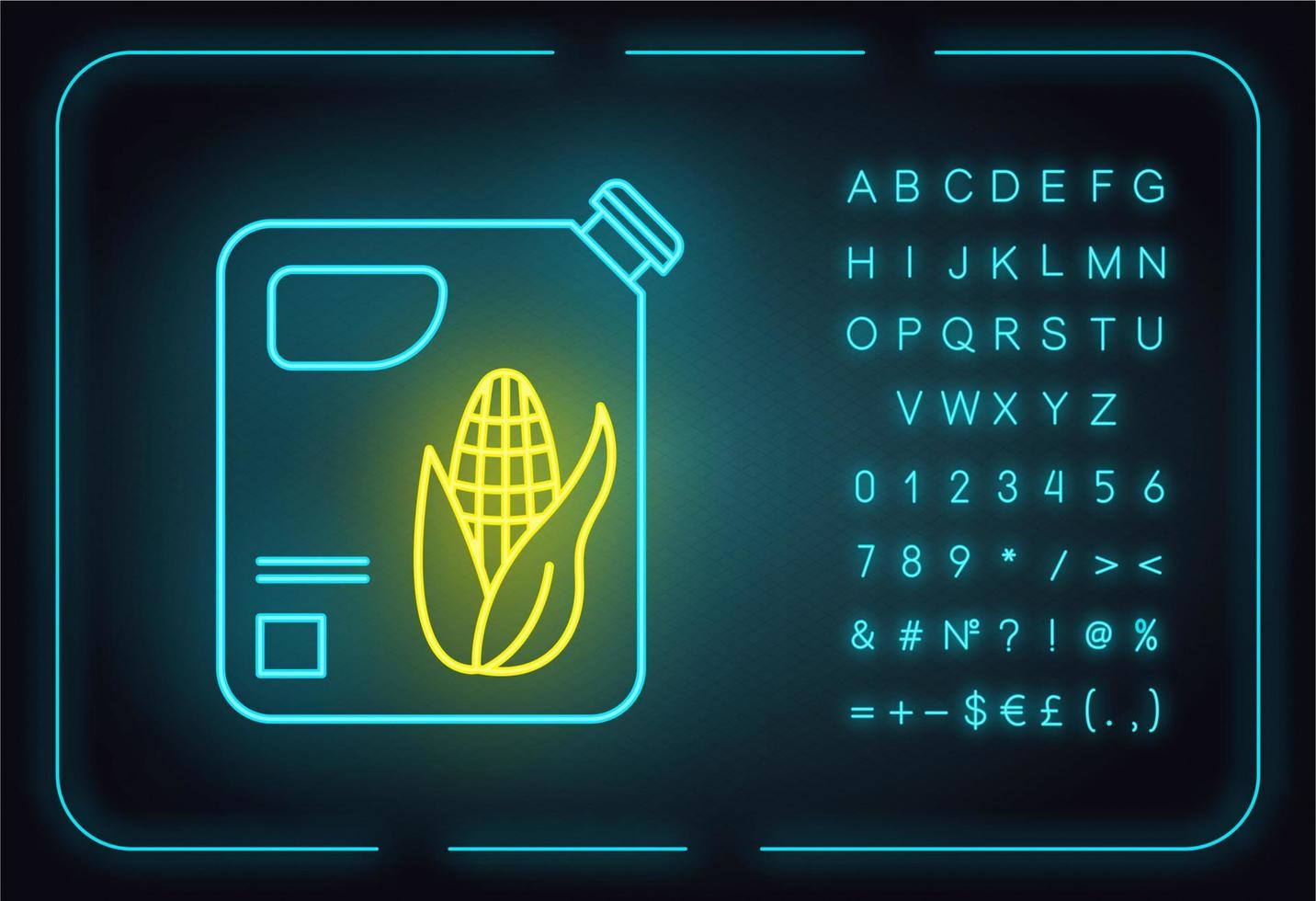 Plastikflasche Maisöl Neonlicht-Symbol. organische Chemie. Pflanzenöl produzieren. Mais-Ethanol für Biokraftstoff. Benzinersatz. leuchtendes zeichen mit alphabet, symbolen. vektor isolierte illustration