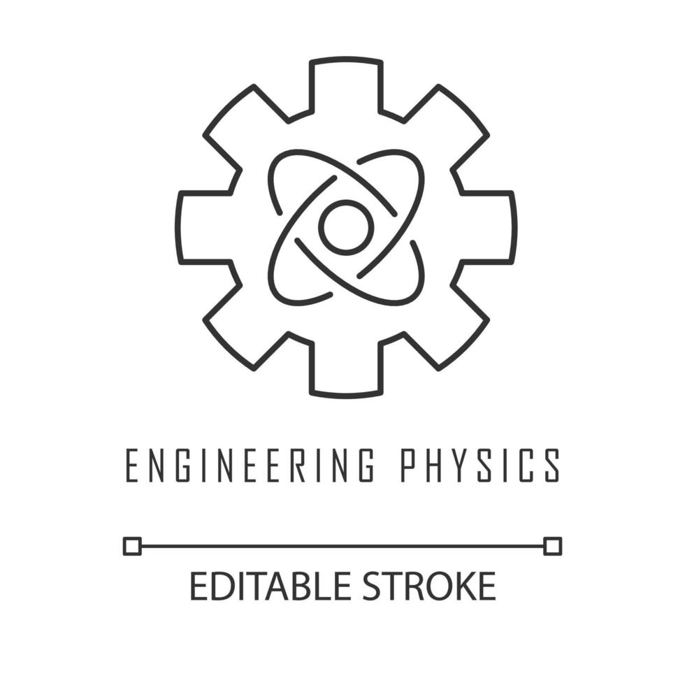 teknisk fysik linjär ikon. kugghjuls- och atomstrukturmodell. maskinteknik. nanoteknologier. tunn linje illustration. kontur symbol. vektor isolerade konturritning. redigerbar linje