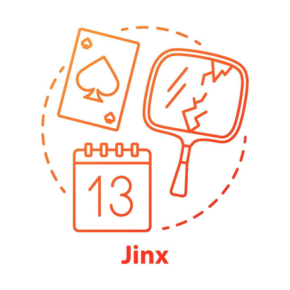 Jinx-Konzept-Symbol. magie und aberglaube idee dünne linie illustration. Pech, Unglück Omen, paranormaler Fluch. Zerbrochener Spiegel, Freitag, der 13. und Spatenkartenvektor isolierte Umrisszeichnung vektor