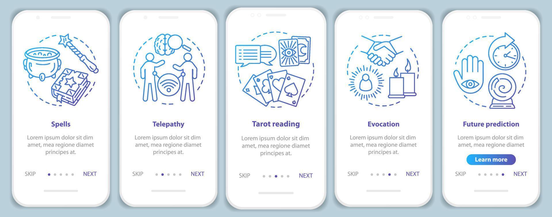 Magische Dienste beim Onboarding der mobilen App-Seitenbildschirm-Vektorvorlage. Telepathie, Evokation, Wahrsagerei Walkthrough-Website-Schritte mit linearen Illustrationen. ux, ui, gui smartphone-schnittstellenkonzept vektor