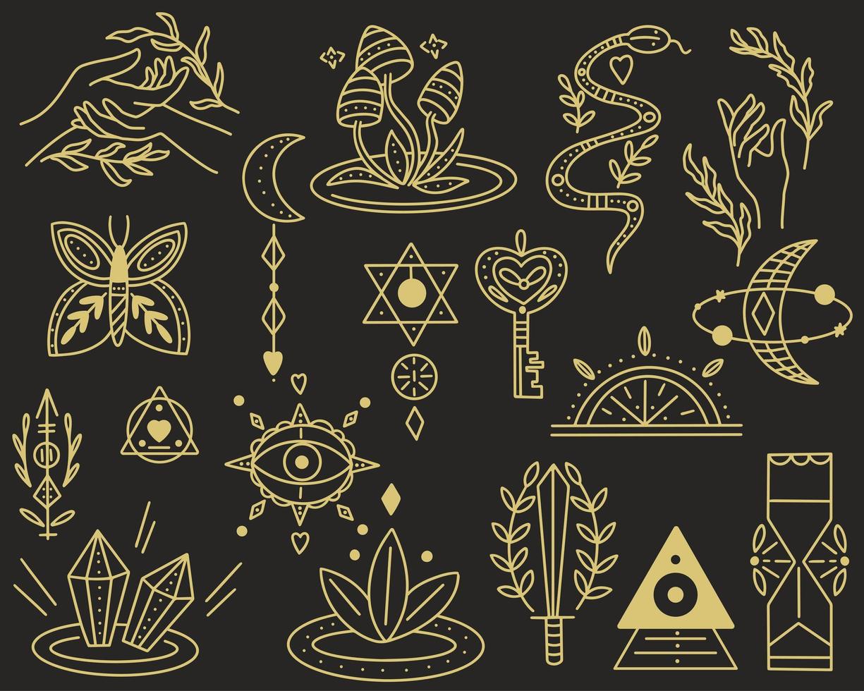 Ställ in gyllene magiska symboler doodle stil vektor