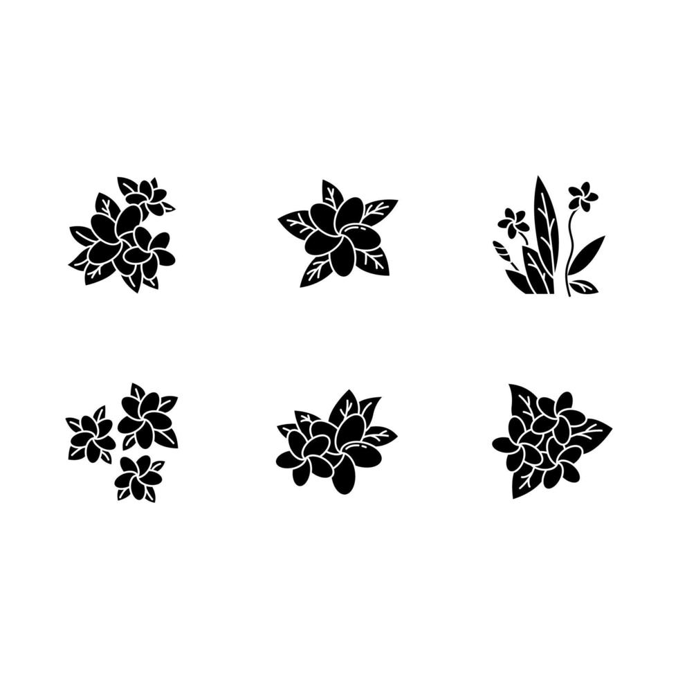 plumeria glyf ikoner set. exotisk region blommor. flora av indonesiska öar. små tropiska växter. blomma av frangipani med blad. balis natur. siluett symboler. vektor isolerade illustration
