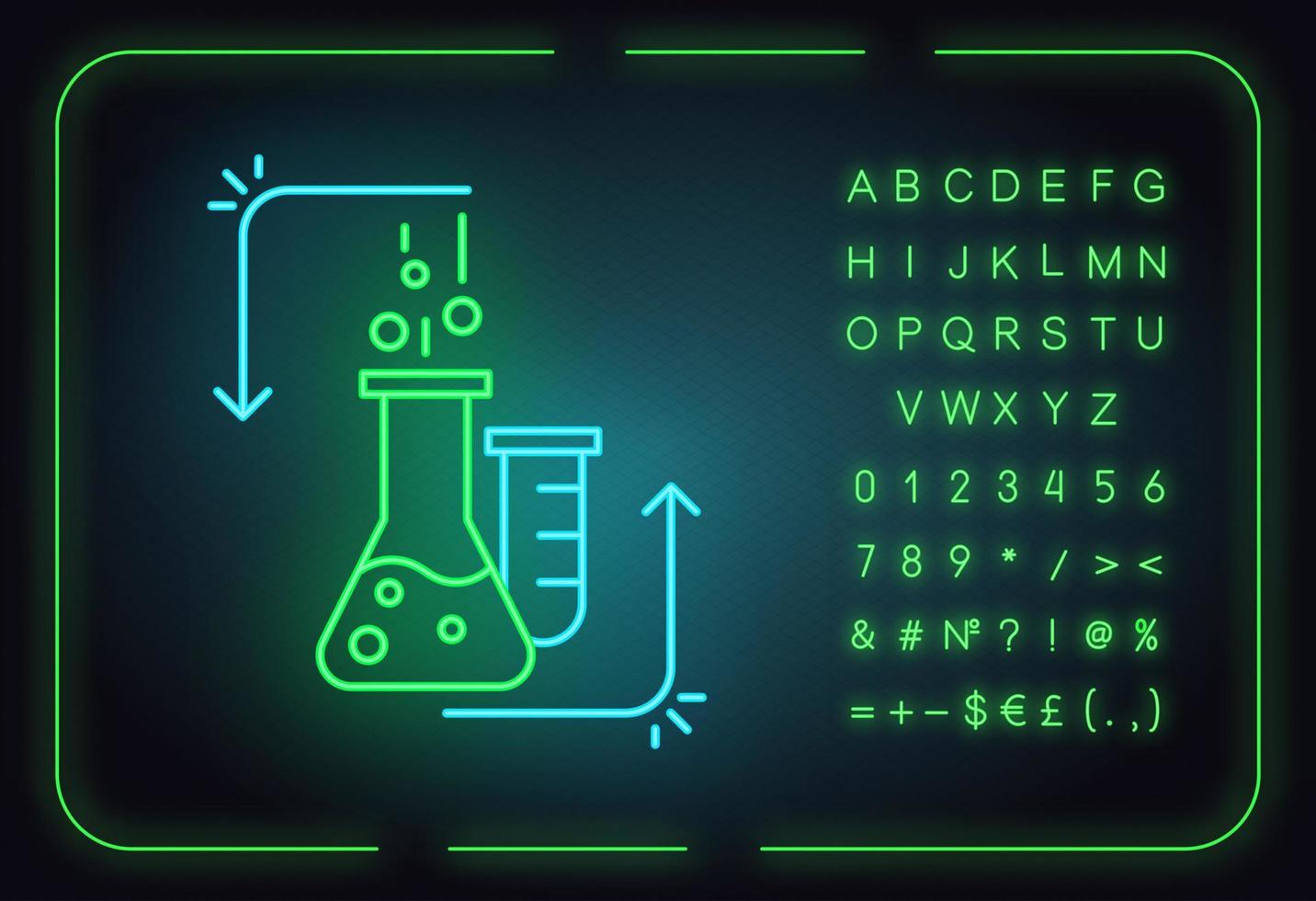 kemisk reaktion i labbkolv neonljusikon. organisk kemi. genomföra experiment. laboratoriearbete. interaktion med kemikalier. glödande tecken med alfabetet, symboler. vektor isolerade illustration