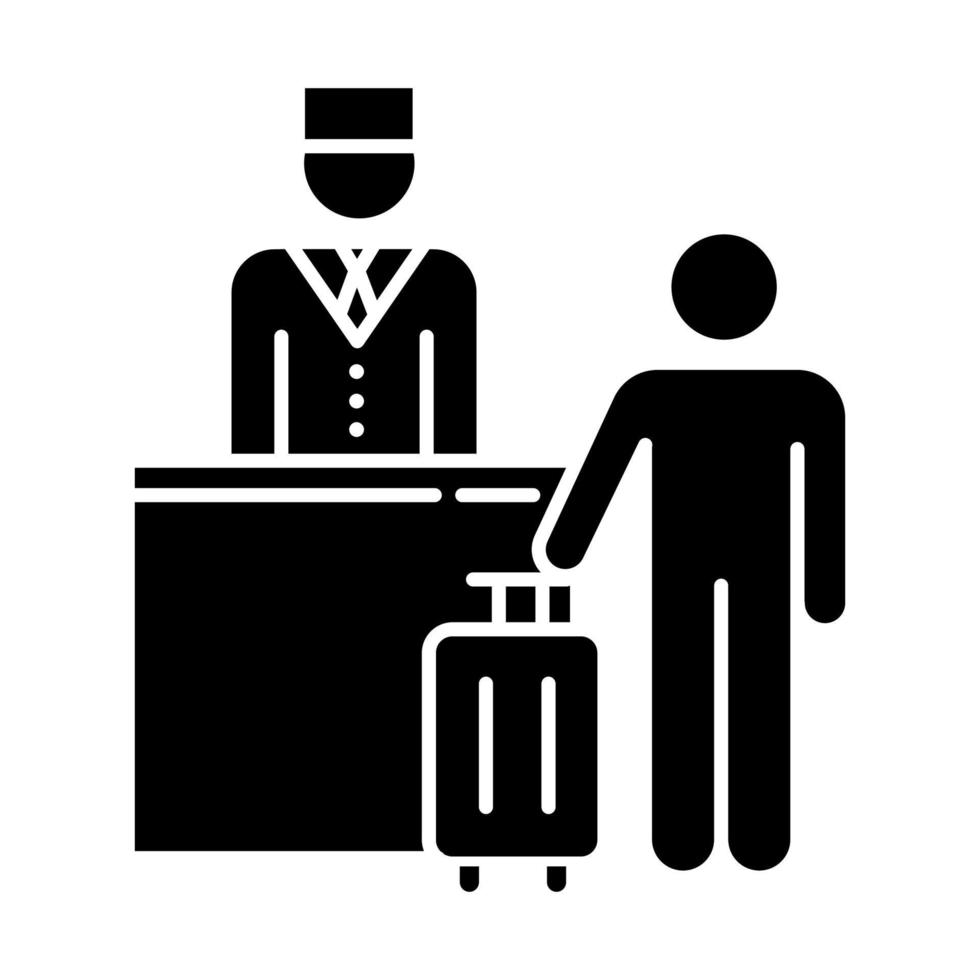 Glyphen-Symbol für das Gastgewerbe. Tourist mit Koffer. Portier. Hotelverwaltungsdienste. Reservierungsschalter. Tourismusgeschäft. Silhouettensymbol. negativer Raum. vektor isolierte illustration