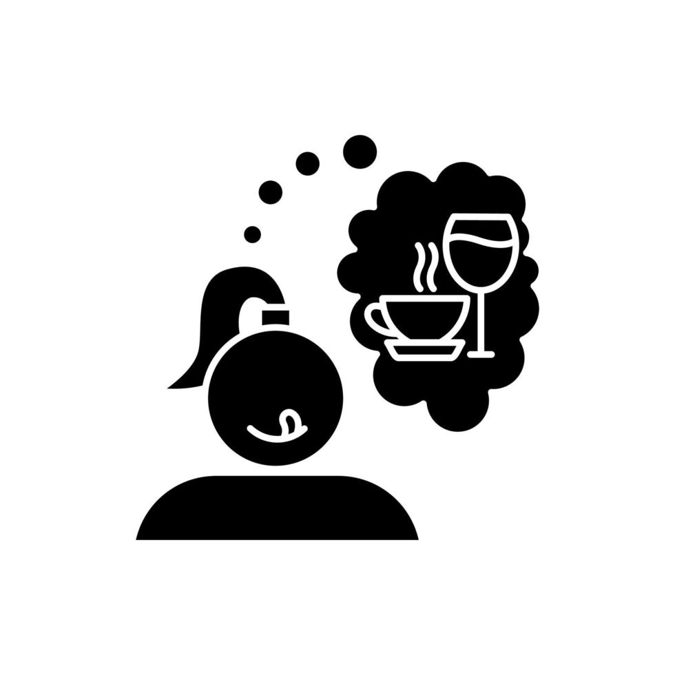 Glyphen-Symbol für Alkohol- und Kaffeehunger. durstige Frau. Frau, die an Wein denkt. ungesunde Essgewohnheiten. an Getränke gedacht. Silhouettensymbol. negativer Raum. vektor isolierte illustration