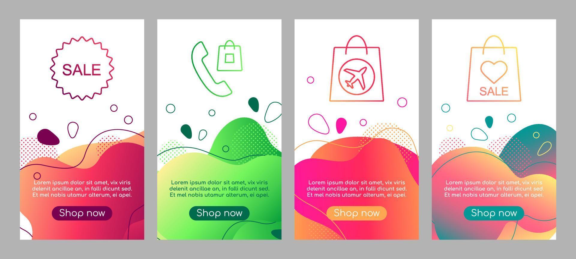 Online-Shop Abstract Fluid Mobile App Screen Mockup Set. internet-shop-blase-web-banner, social-media-geschichten, website mit buntem design der schaltflächen. Webseiten-Vorlage und flüssige Verlaufsformen vektor