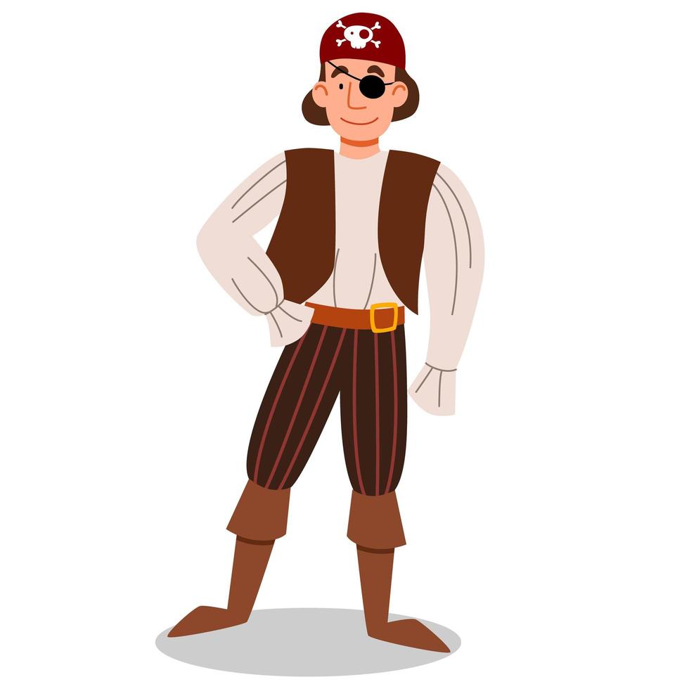 eine Piratenfigur in einem Anzug, in einem Bandana und mit einer Augenklappe. vektor