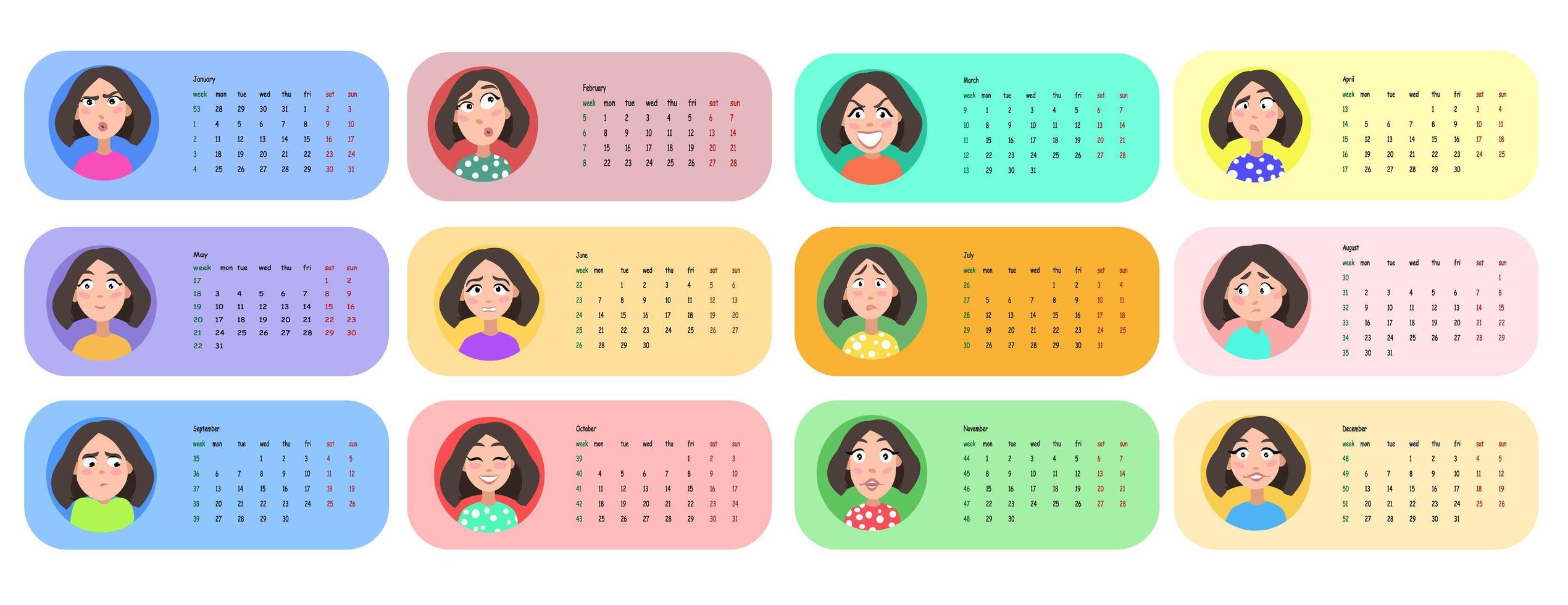 weibliches Benutzerprofil. Kalender für 2021 für 12 Monate. vektor