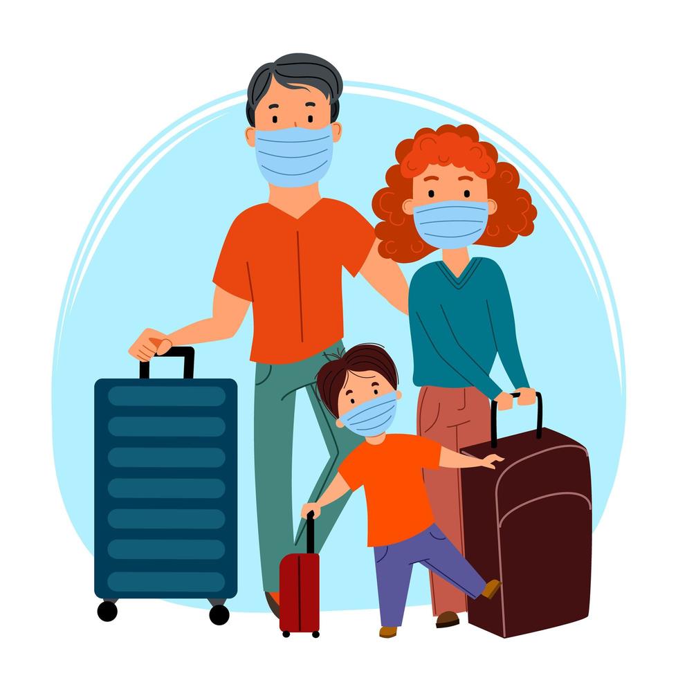 europeisk familj av turister, en man, en kvinna och ett barn, som bär masker och bär resväskor. förebyggande av coronavirus, covid-19. resor och turism under pandemin. vektor