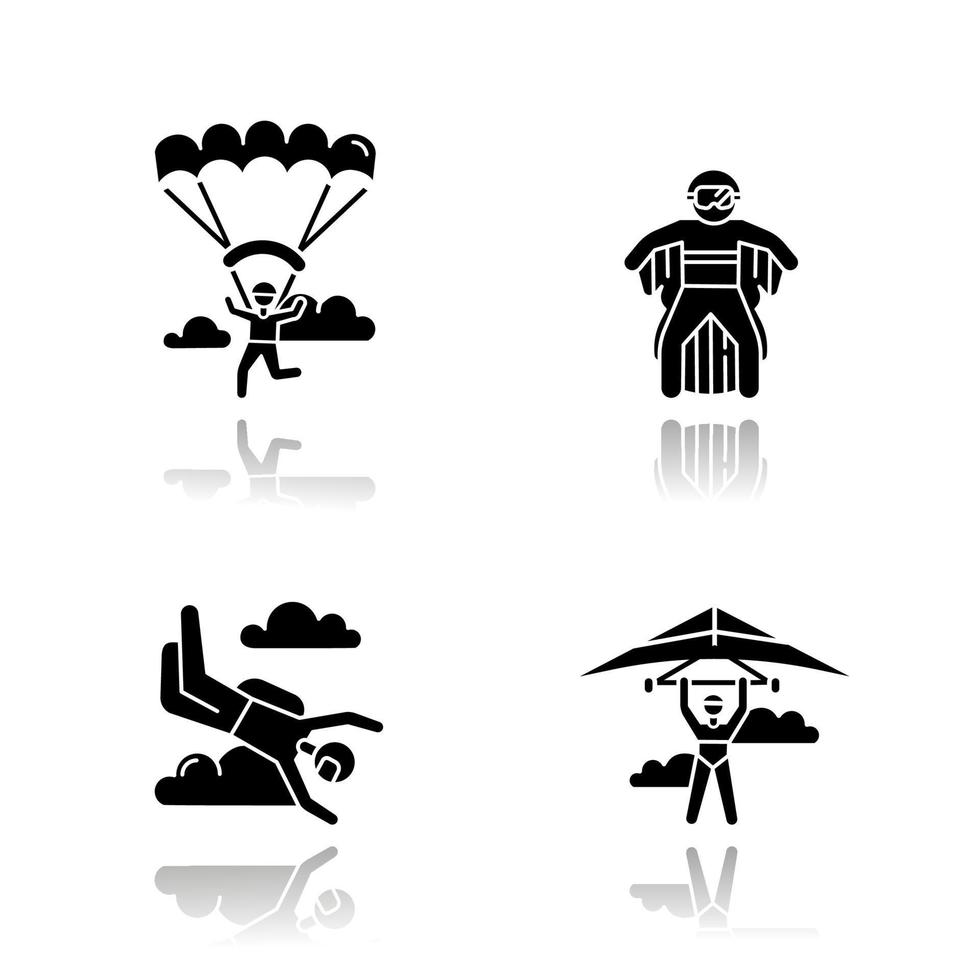 Air Extremsport Schlagschatten schwarze Glyphen-Symbole gesetzt. Drachenfliegen, Fallschirmspringen, Wing Suiting und Paragliding. Outdoor-Aktivitäten. Adrenalin-Unterhaltung und riskante Erholung. isolierte Illustrationen vektor