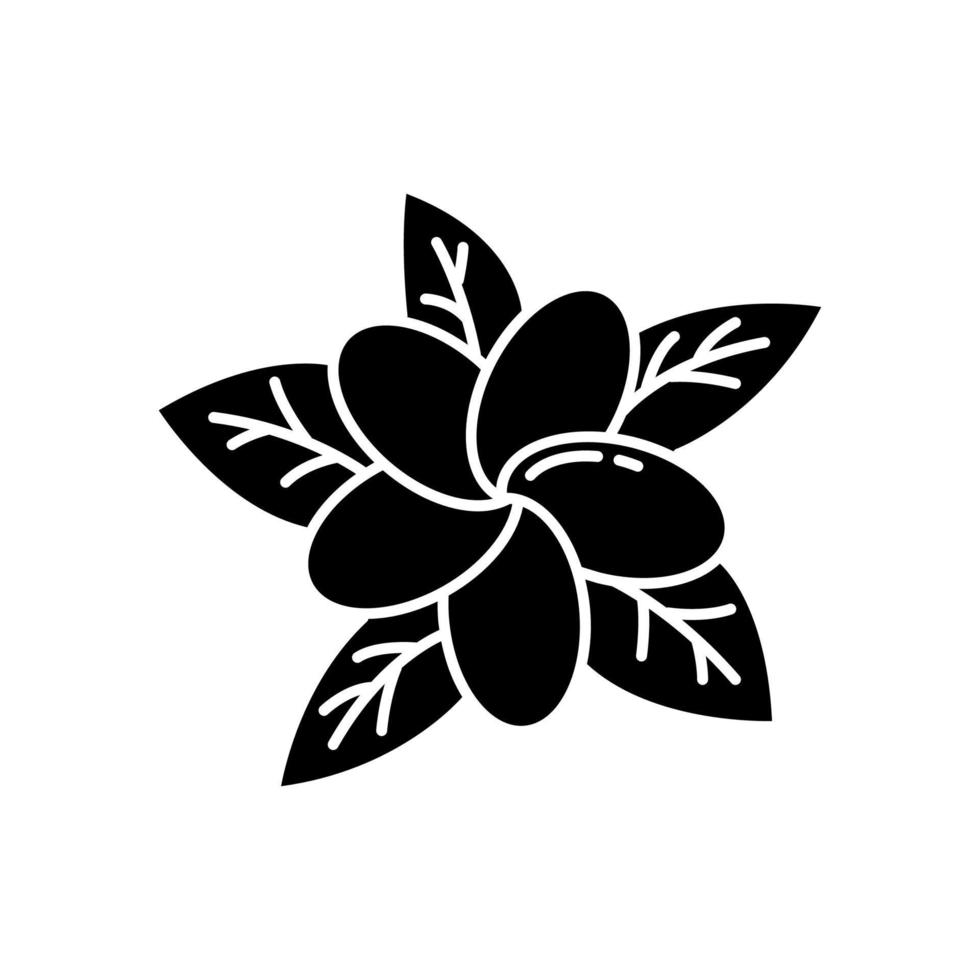 Plumeria-Glyphe-Symbol. Blumen der exotischen Region. Flora der indonesischen Inseln. kleine tropische Pflanzen. Blüte von Frangipani. Natur Balis. Silhouettensymbol. negativer Raum. vektor isolierte illustration