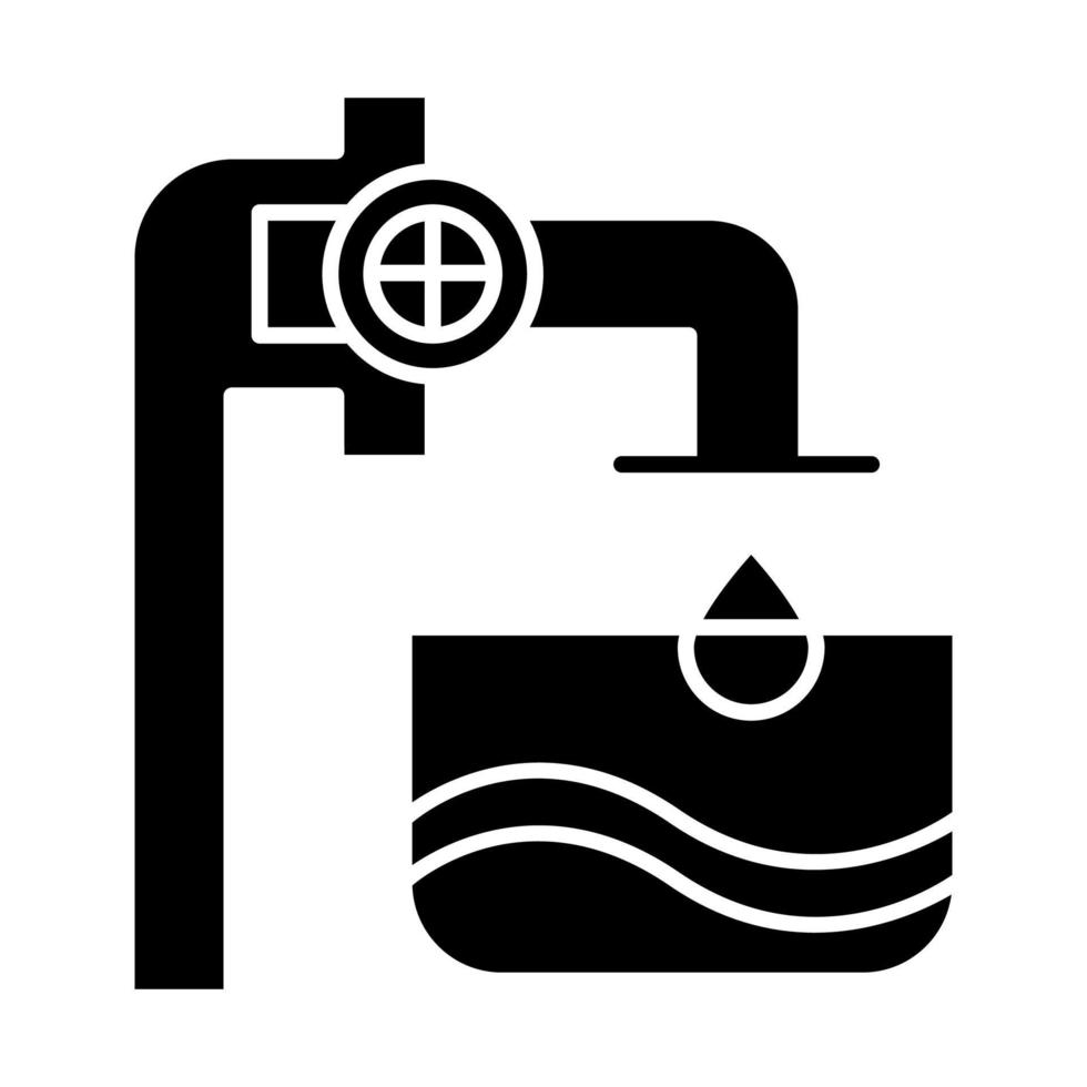 vattenindustrin glyfikon. blå klar vätska i behållare. rör och ventiler. vattenteknik. tjänster för tillverkning av drycker. siluett symbol. negativt utrymme. vektor isolerade illustration