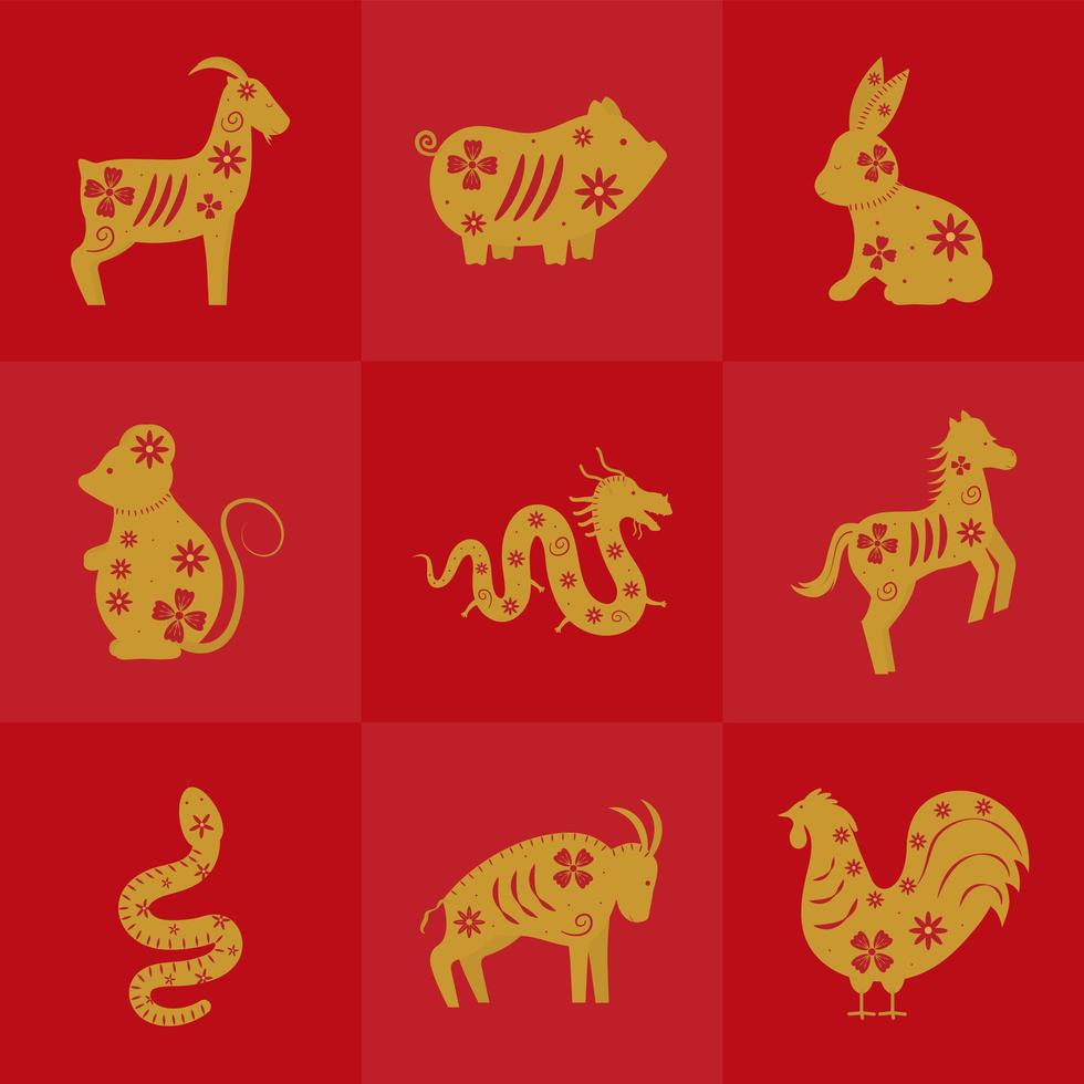 nio kinesiska zodiakens djur vektor