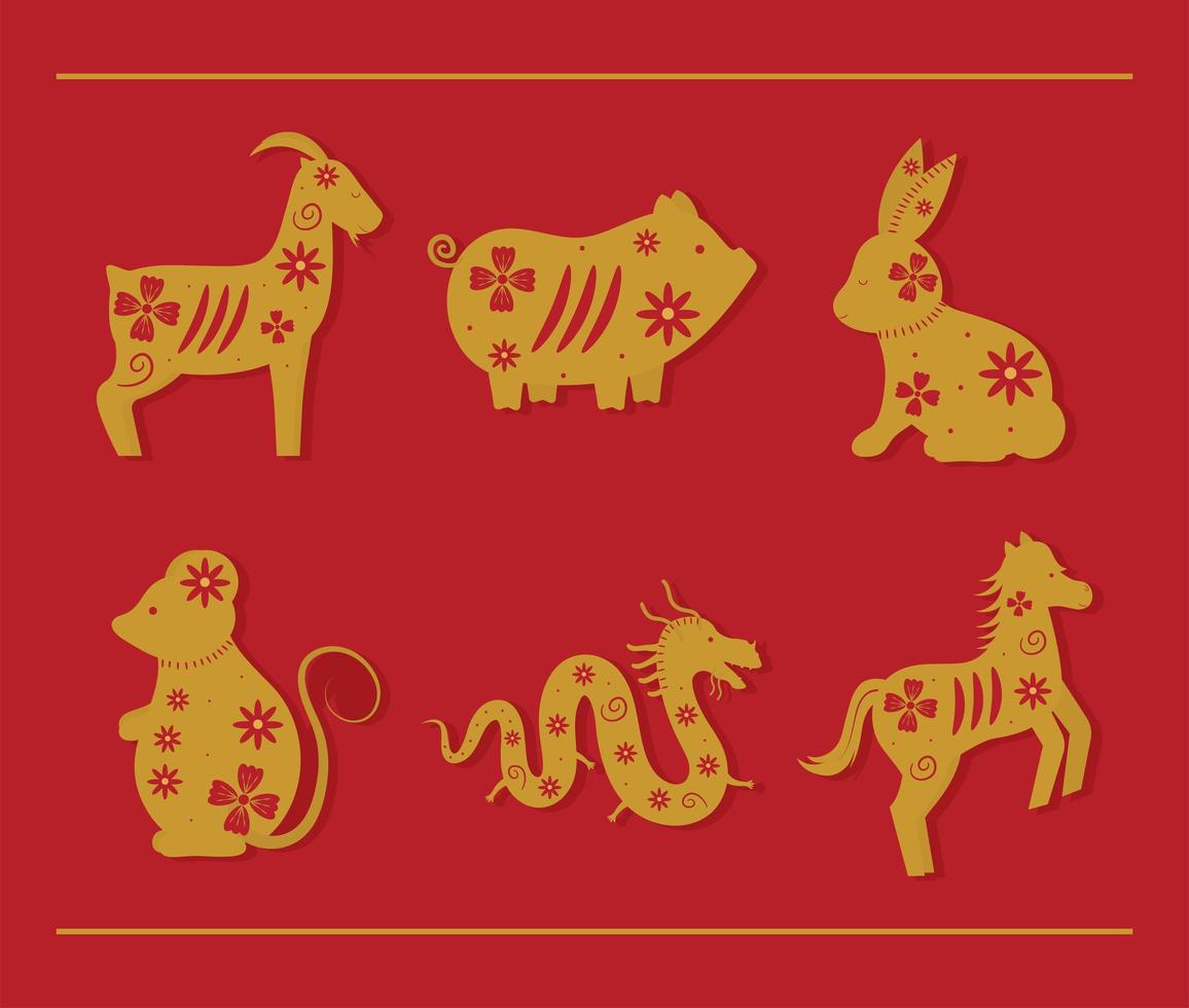 sex kinesiska zodiakens djur vektor