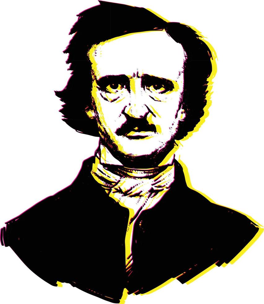 Illustration von Edgar Allan Poe. Porträt eines großen amerikanischen Schriftstellers und Dichters. illustration für ein tattoo, eine website, eine broschüre, ein poster, eine postkarte. Bild auf weißem Hintergrund isoliert. Rasterbild. vektor