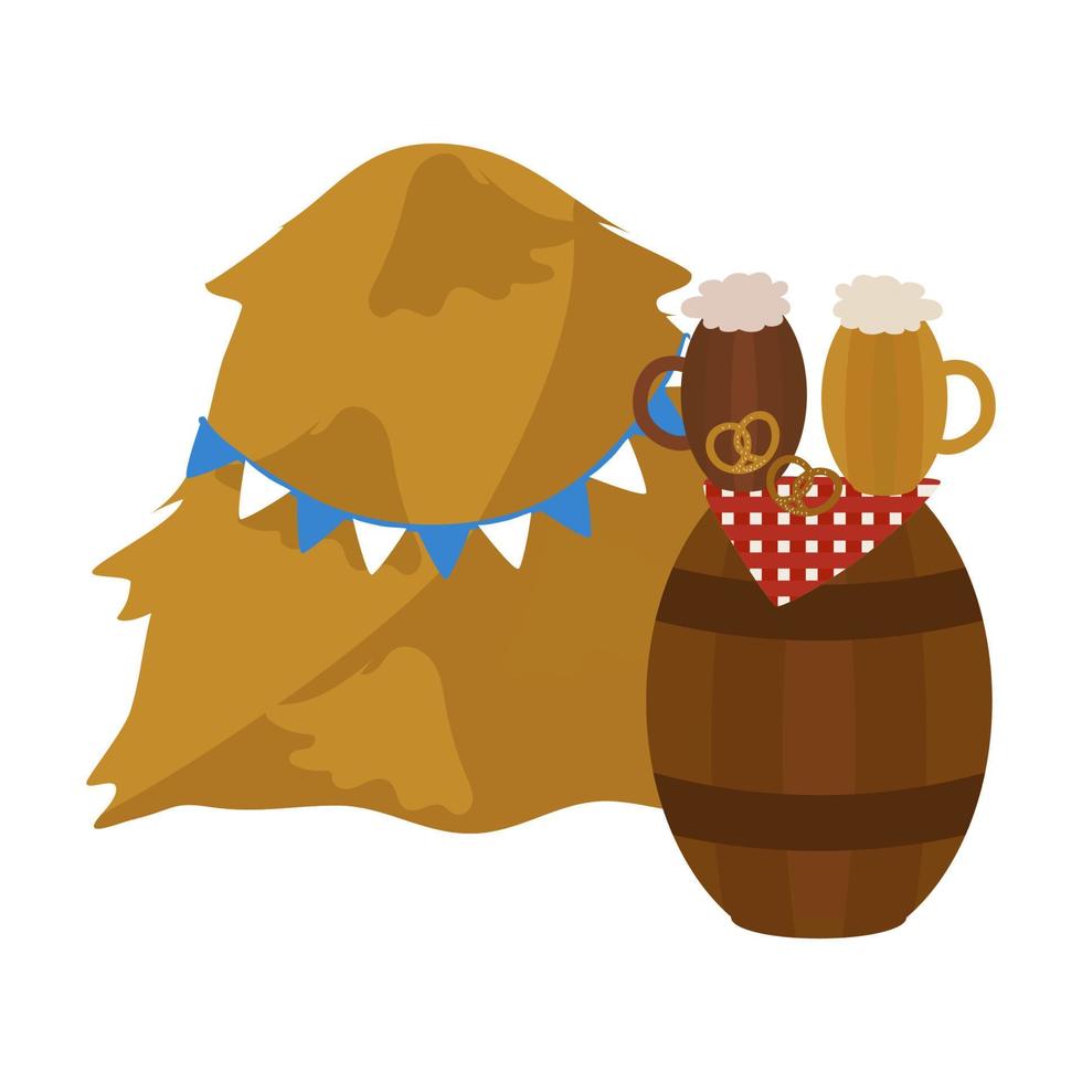 Heuhaufen, Bierkrüge, Fassfahnen, deutsche Brezel, Gestaltungselemente für das Oktoberfest. vektorillustration isoliert. vektor