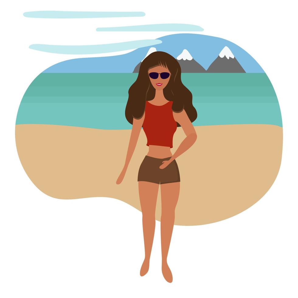 vacker flicka i shorts och solglasögon på stranden. vektor