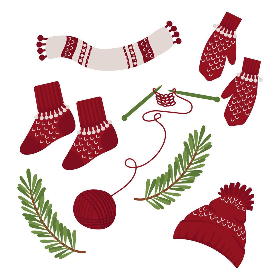 weihnachts- und neujahrsset aus kuscheliger gestrickter winterkleidung. Mütze, Schal, Socken, Fäustlinge mit niedlichen Mustern. festliche vektorillustration für das scrapbooking, postkarten. vektor