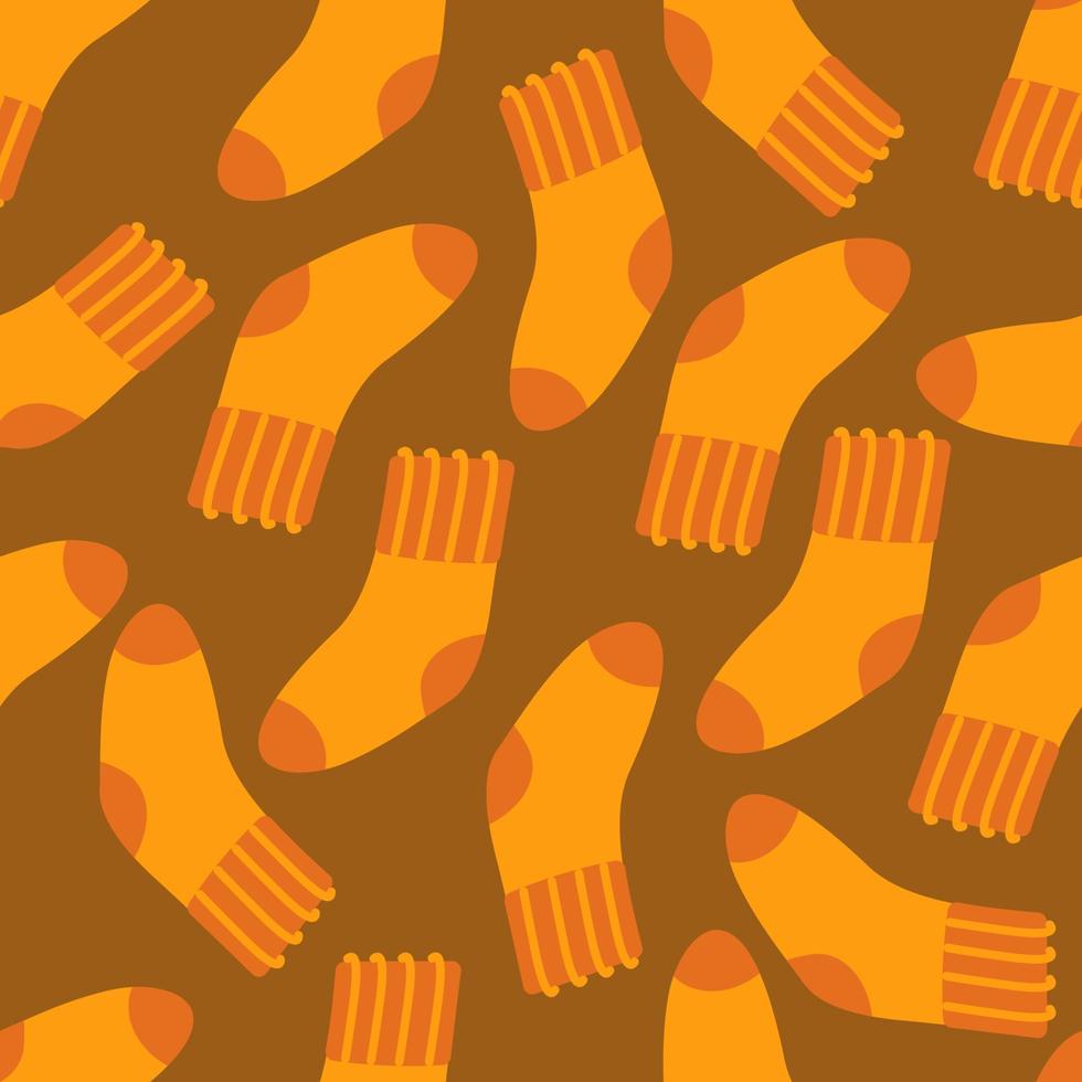 Wollsocken orange Herbst Musterdesign auf braunem Hintergrund. vektorillustration in einem flachen stil zum bedrucken von papier, stoff, verpackung, textilien. vektor