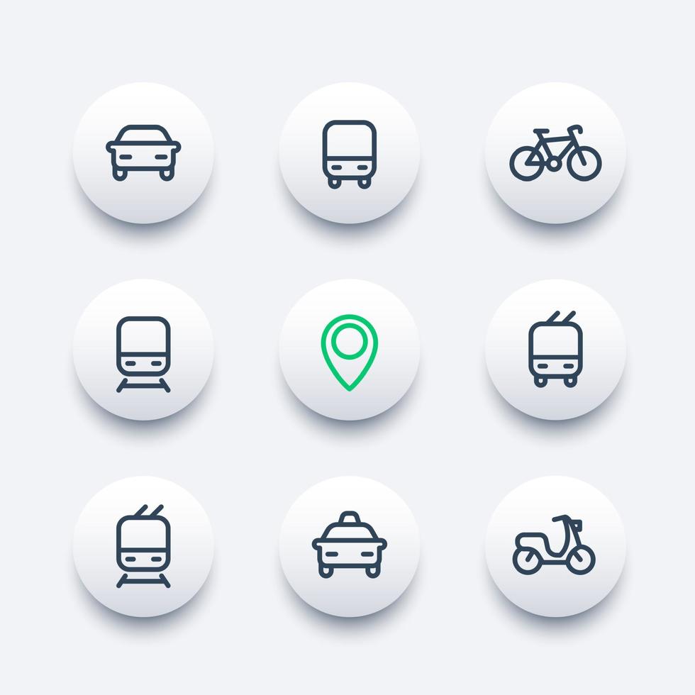 stads- och kollektivtrafik runt moderna ikoner, vektorikoner för kollektivtrafik, buss, tunnelbana, taxi, piktogram för kollektivtrafik, tjocka linjers ikoner, vektorillustration vektor