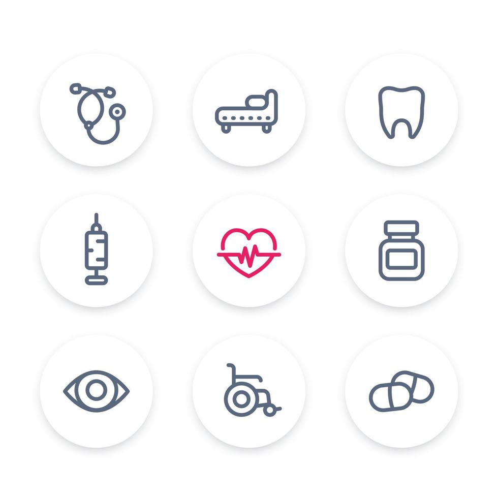 medicinska ikoner set, stetoskop, medicin, spruta, vaccination, hälsovård, sjukhus, oftalmologi, piller, piktogram för droger vektor