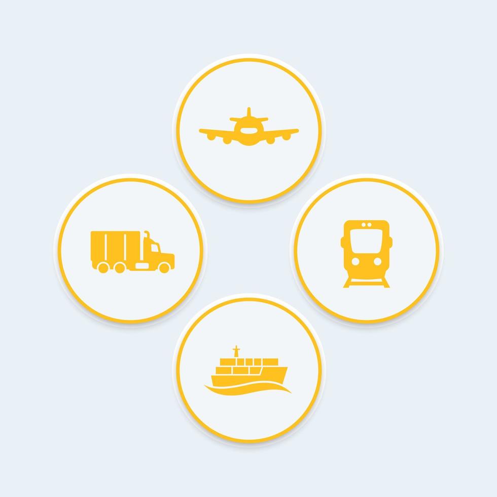 Ikonen der Transportindustrie, Vektor des Schienengüterverkehrs, Frachtschiff, Lufttransport, LKW-Symbol, Transportsymbole, runde Symbole, Vektorillustration