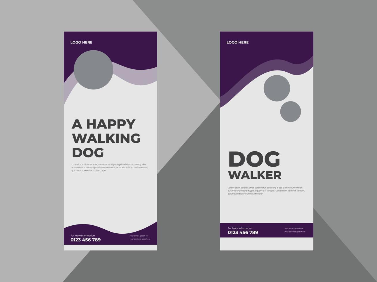 Dog Walker Service Roll-Up-Banner-Design. Haustier-Walking-Service-Poster-Broschüren-Design-Vorlagenpaket, Flyer, Poster, druckfertig, vektor