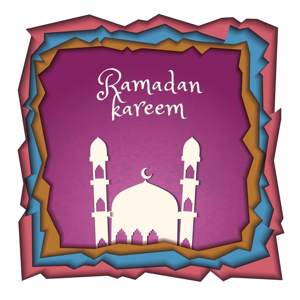 vacker papper skär stil ramadan kareem gratulationskort mall. illustration av en moské och minaret dekorerad med en grunge bakgrund. vektor
