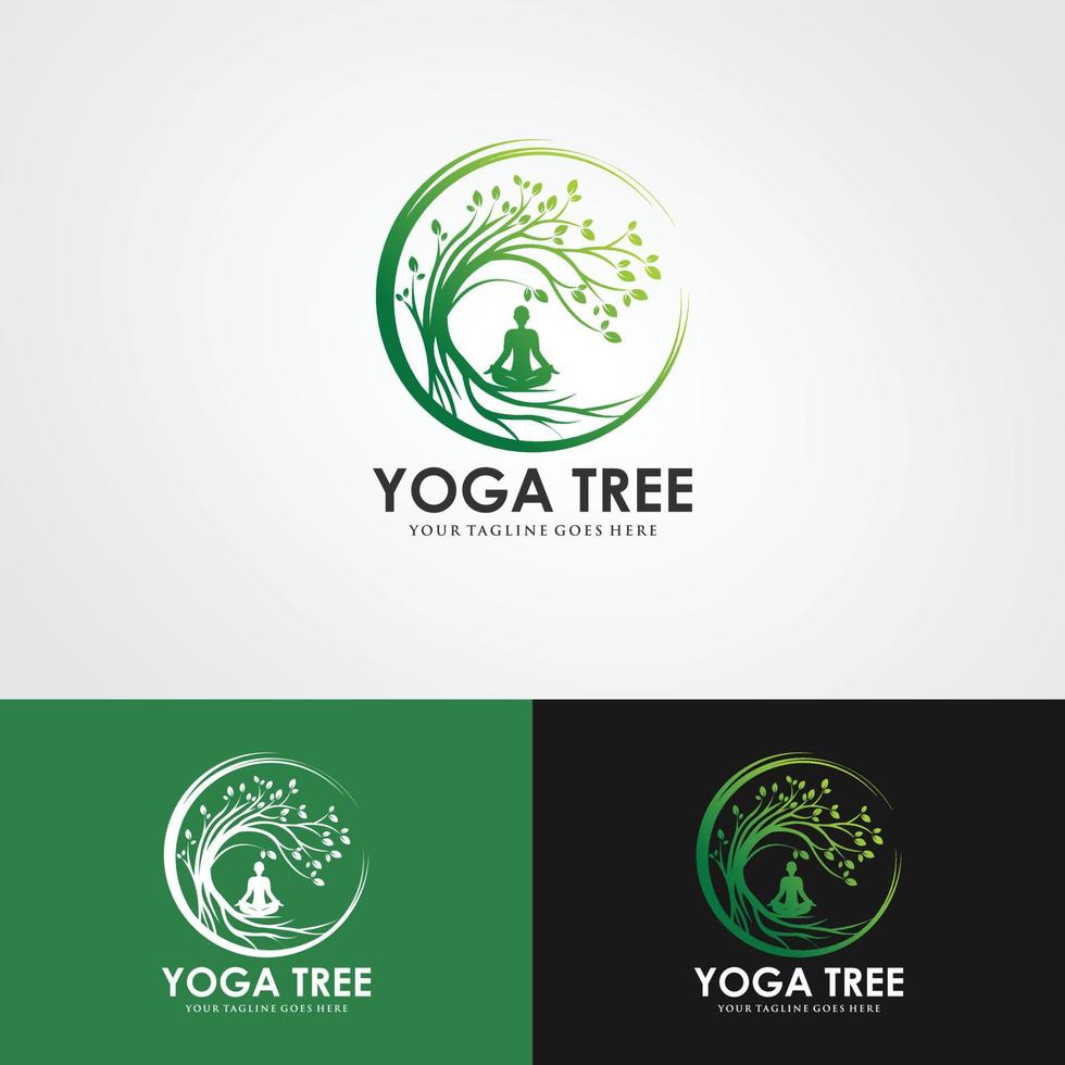 Baum Yoga-Logo. Silhouette einer Person in Meditation in einem runden Rahmen. das Bild der Natur, der Baum des Lebens. Design des Emblems des Stammes, der Blätter, der Krone und der Wurzeln des tree.yoga-Logovektors, vektor