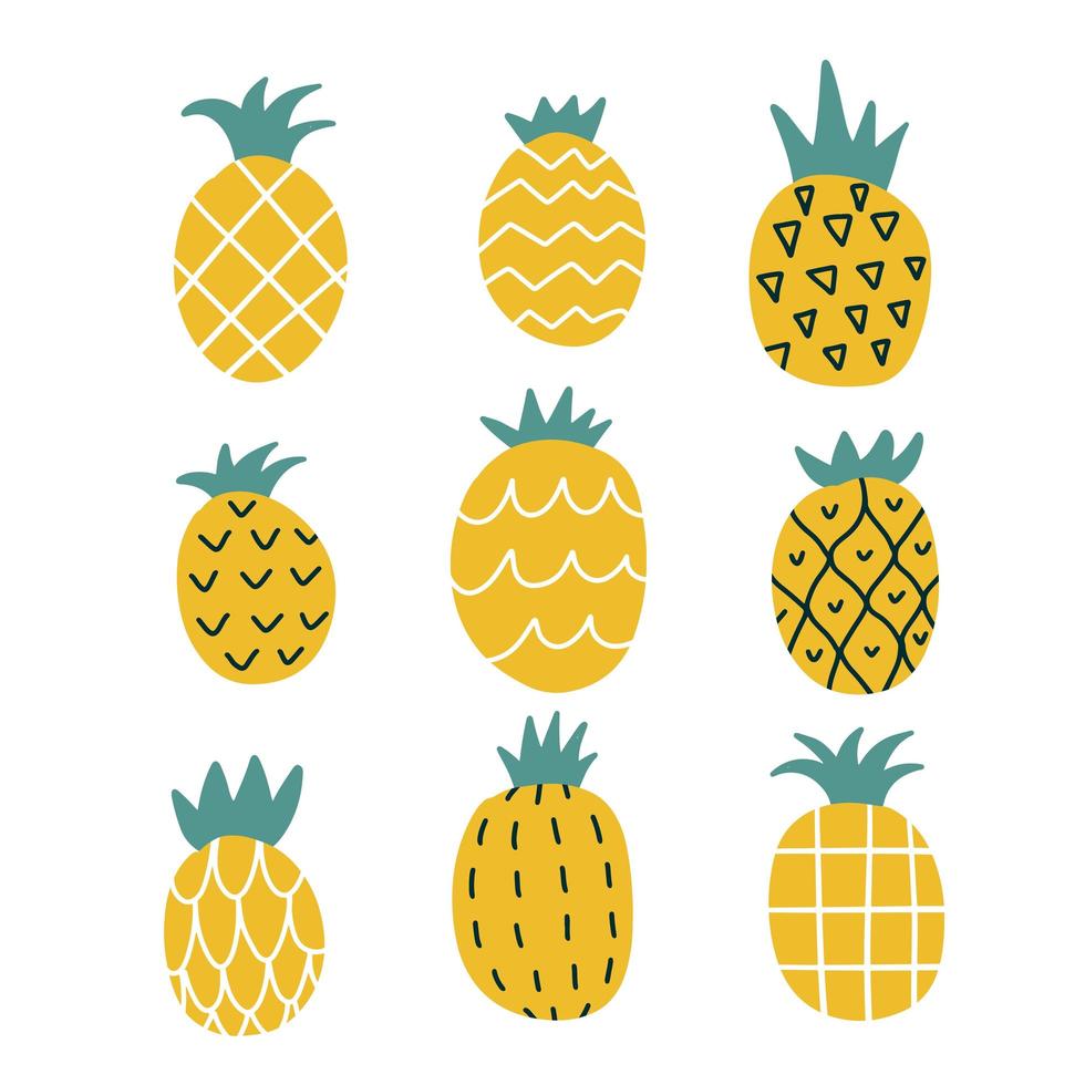 uppsättning stiliserade ananas med olika konsistens isolerad på vit bakgrund. bunt av tropiska färska saftiga frukter. färgad handritad platt vektorillustration i trendig doodle-stil för t-shirttryck. vektor