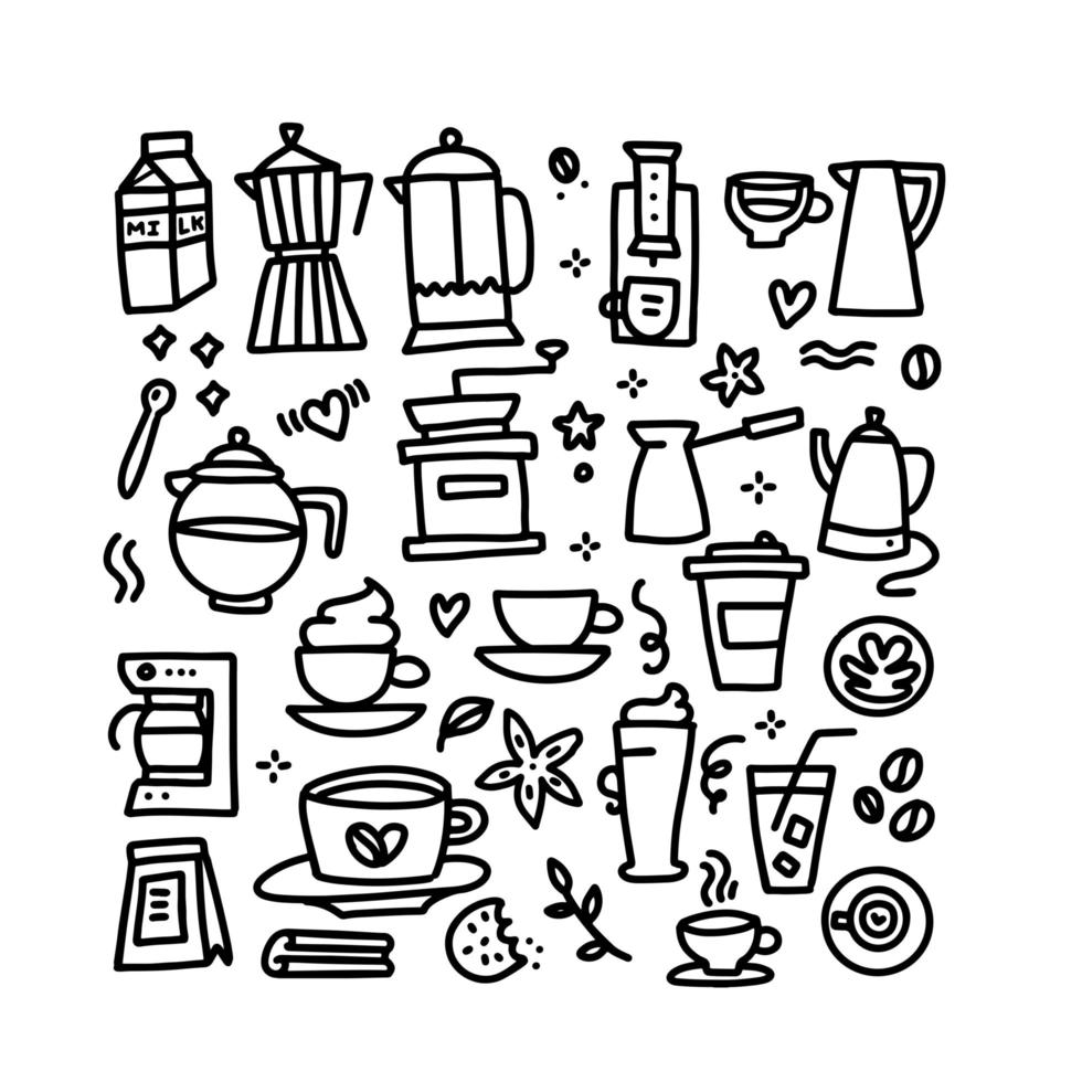 uppsättning kaffe linjära ritningar set. handritad doodle stil vektor illustration samling.
