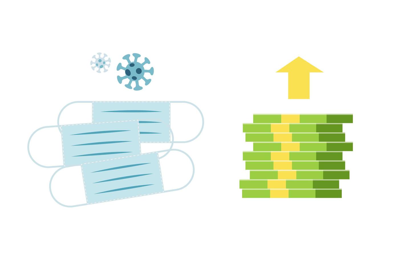 infolge der steigenden nachfrage nach chirurgischen masken steigt der preis aufgrund der luftverschmutzung und der ausbreitung des neuartigen coronavirus covid-19. flache vektorillustration. vektor