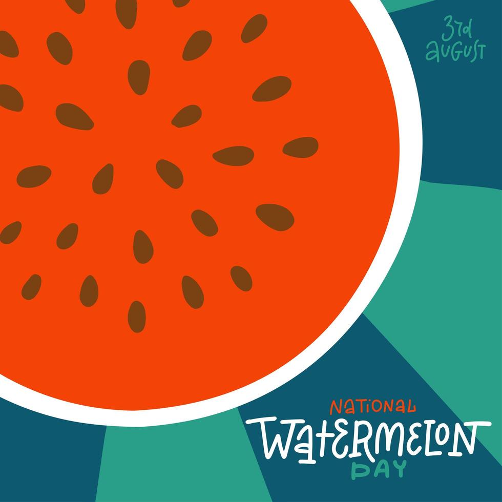 nationella vattenmelon dag - fyrkantig kreativ banner. begreppet nationell sommarlov. rund skiva vattenmelon. röd konsistens med frön för gratulationskort, affisch. platt vektor illustration.