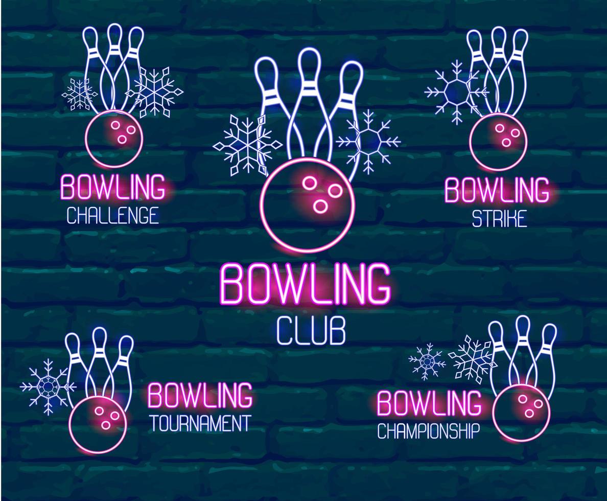 satz neonlogos in rosa-blauen farben mit kegeln, bowlingkugel, schneeflocken. sammlung von 5 vektorzeichen für winterbowlingturnier, herausforderung, meisterschaft, streik, verein gegen dunkle backsteinmauer vektor