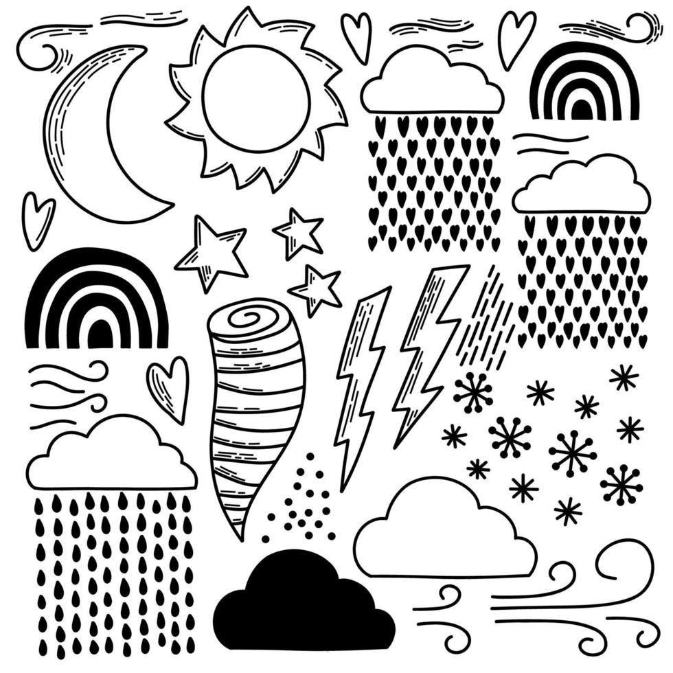 Vektor nahtlose Muster. Wolken, Regen, Tropfen, Tränen, Regenbogen, Sterne, Sonne, Mond, Herz. Wetter am Tag oder in der Nacht. handgezeichnet im Doodle-Stil. schöner hintergrund zum bedrucken auf papier oder stoff.