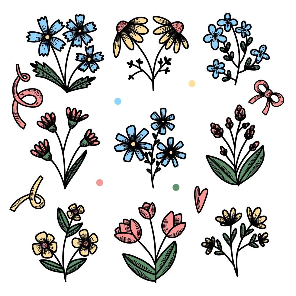 Vektorsatz Elemente Blumen, Stamm, Blatt, Blütenblätter, Bänder, Herzen botanische Weinleseillustration. Blumenstrauß aus Pflanzen, florales repatitives Ornament für den Hintergrund, Druck auf Stoff, Papier, Tapete vektor