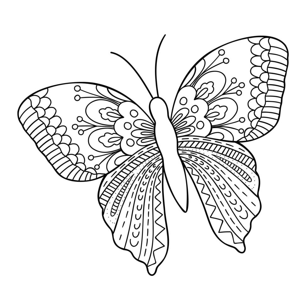 Schmetterling lineares Bild, einfache handgezeichnete Umrissvektor-Schwarz-Weiß-Illustration, Malseite zum Entspannen und Meditieren vektor