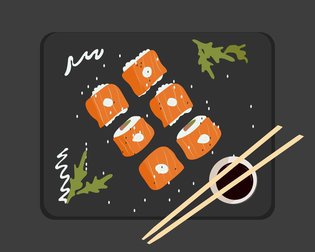 philadelphia sushi sind wunderschön mit sauce draufsicht auf schwarzem hintergrund angelegt. vektorillustration des japanischen essens vektor