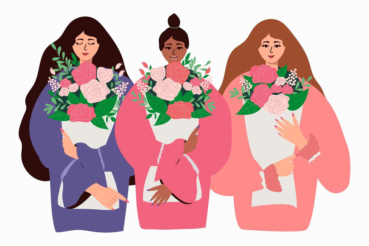 Internationaler Frauentag. vektorillustration mit frauen verschiedener nationalitäten und kulturen mit blumensträußen. Vektor-Illustration. vektor
