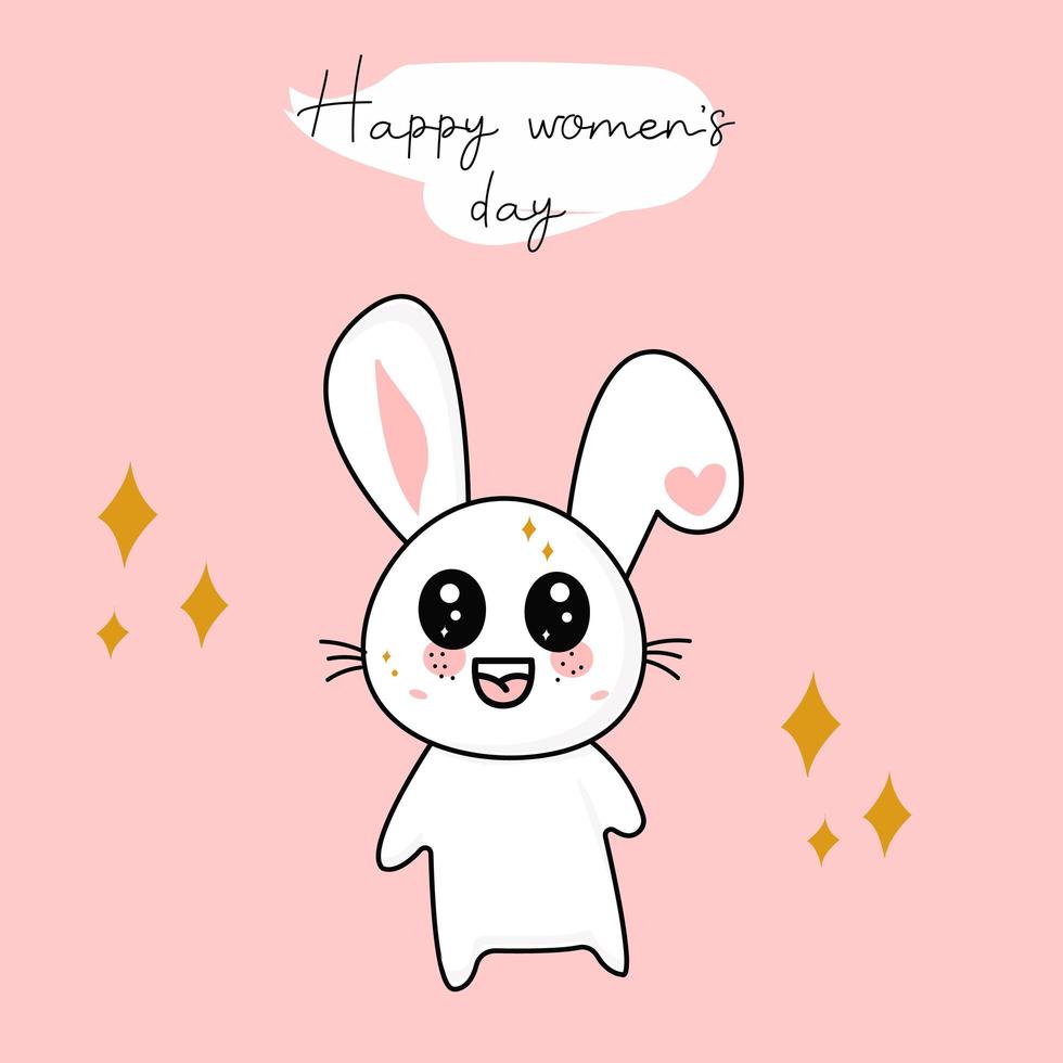 glad kvinnors dag. söt tecknad kawaii karaktär kanin, födelsedagskort, hälsning i texten. vektor