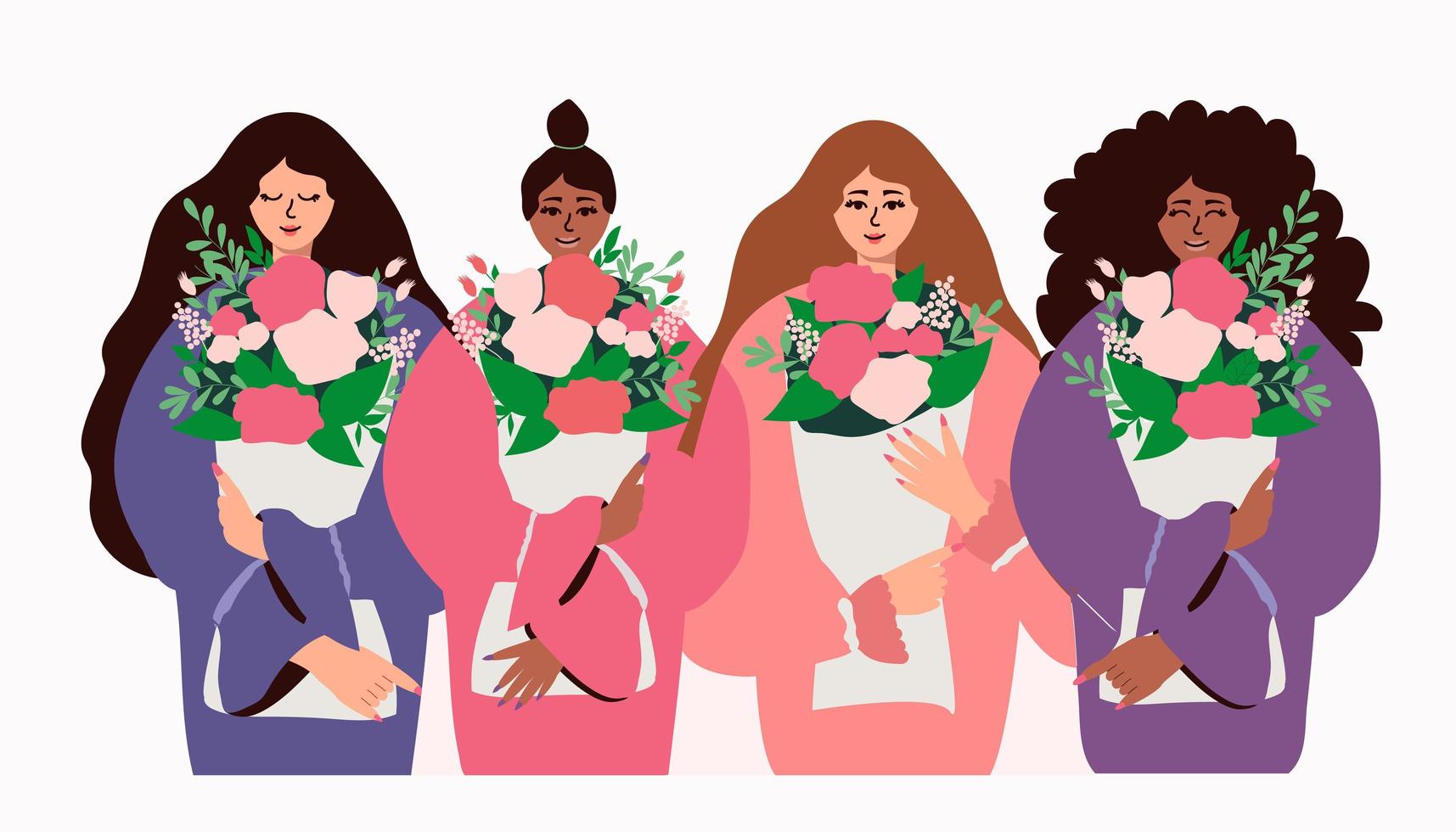 internationella kvinnodagen. vektorillustration med kvinnor av olika nationaliteter och kulturer med buketter av blommor. vektor illustration.